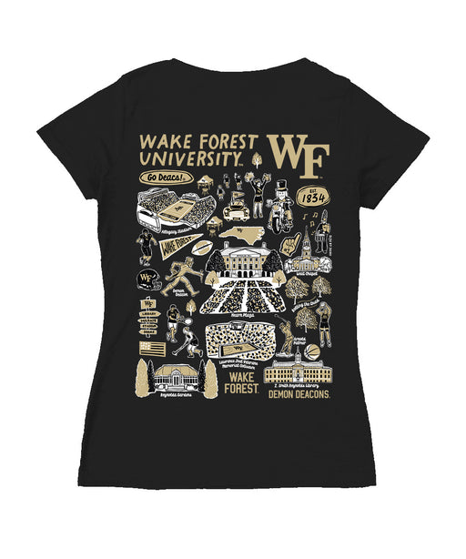 Wake Forest Demon Deacons Hand Sketched Vive La Fete Impressions Artwork Black Women Cotton Short Sleeve V-Neck Tshirt - Vive La Fête - Online Apparel Store