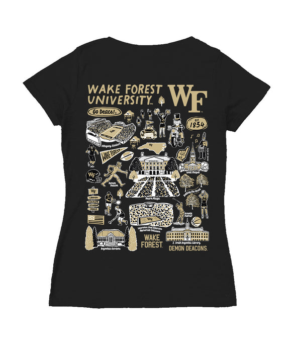 Wake Forest Demon Deacons Hand Sketched Vive La Fete Impressions Artwork Black Women Cotton Short Sleeve V-Neck Tshirt - Vive La Fête - Online Apparel Store