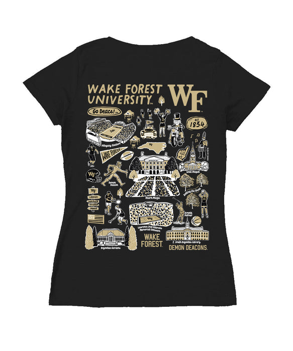 Wake Forest Demon Deacons Hand Sketched Vive La Fete Impressions Artwork Women Cotton Short Sleeve V-Neck Tshirt