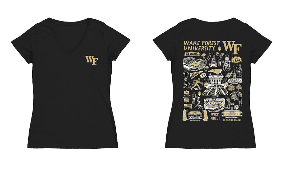 Wake Forest Demon Deacons Hand Sketched Vive La Fete Impressions Artwork Women Cotton Short Sleeve V-Neck Tshirt