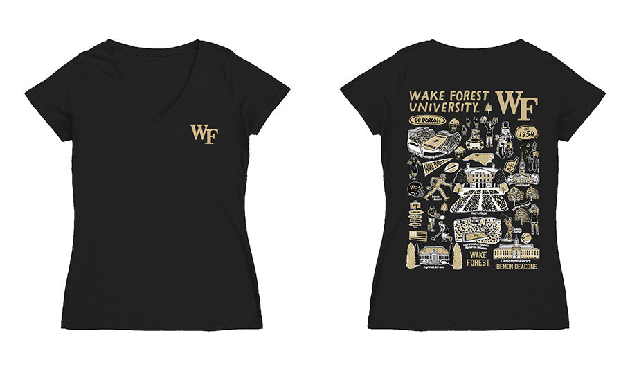 Wake Forest Demon Deacons Hand Sketched Vive La Fete Impressions Artwork Black Women Cotton Short Sleeve V-Neck Tshirt - Vive La Fête - Online Apparel Store