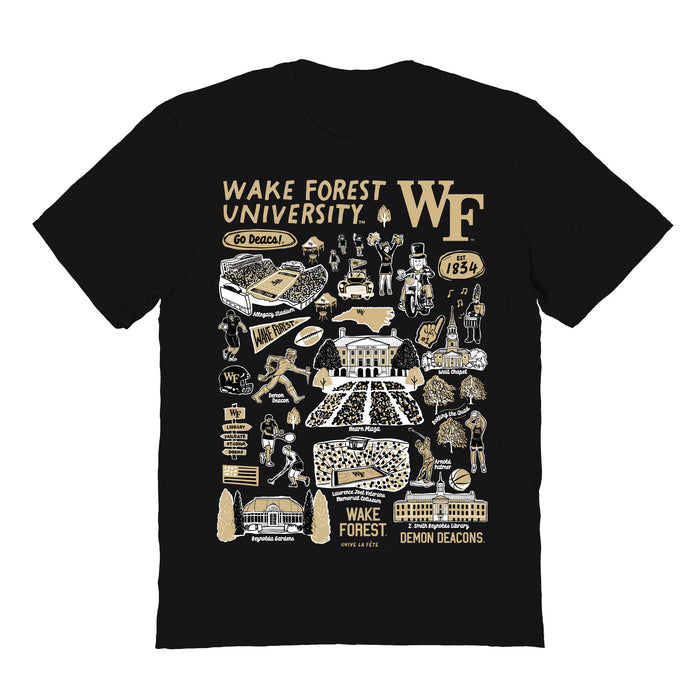Wake Forest Demon Deacons WF Hand Sketched Vive La Fete Impressions Black Cotton Tshirt for Women