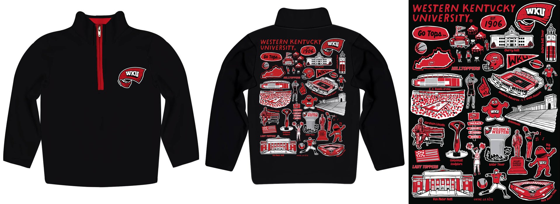 Western Kentucky Hilltoppers Hand Sketched Vive La Fete Impressions Artwork Black Boys Quarter Zip Pullover V1 - Vive La Fête - Online Apparel Store