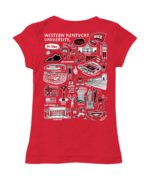 Western Kentucky Hilltoppers Hand Sketched Vive La Fete Impressions Artwork Red Girls Cotton Short Sleeve Tee - Vive La Fête - Online Apparel Store