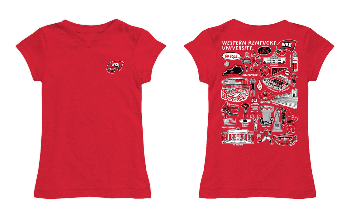 Western Kentucky Hilltoppers Hand Sketched Vive La Fete Impressions Artwork Red Girls Cotton Short Sleeve Tee - Vive La Fête - Online Apparel Store