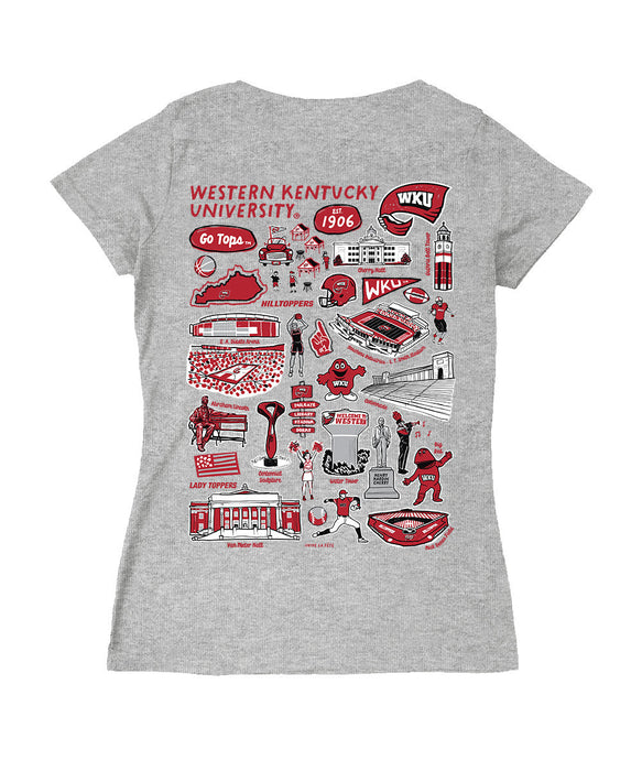 Western Kentucky Hilltoppers Hand Sketched Vive La Fete Impressions Artwork Red Women Cotton Short Sleeve V-Neck Tshirt