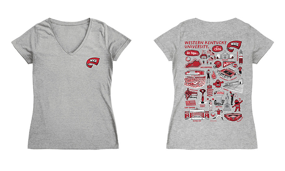 Western Kentucky Hilltoppers Hand Sketched Vive La Fete Impressions Artwork Red Women Cotton Short Sleeve V-Neck Tshirt