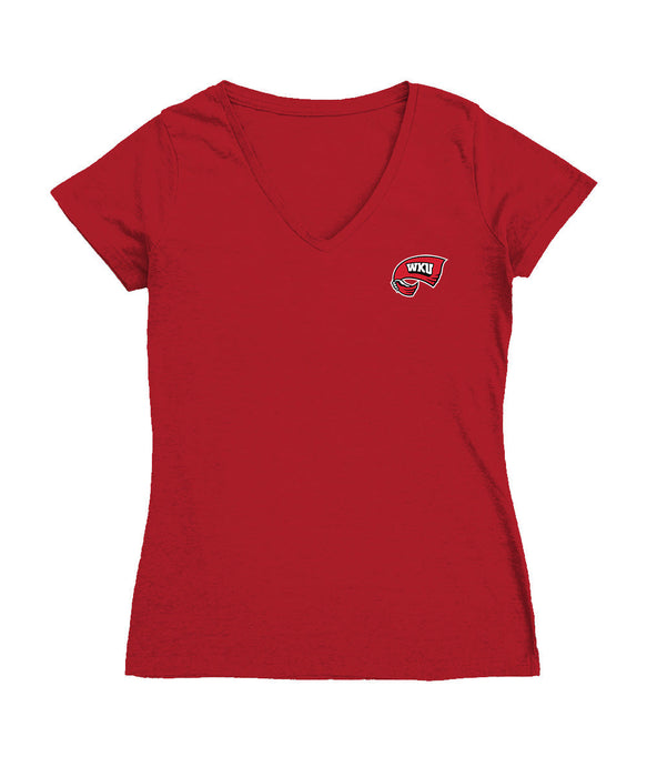 Western Kentucky Hilltoppers Hand Sketched Vive La Fete Impressions Artwork Red Women Cotton Short Sleeve V-Neck Tshirt