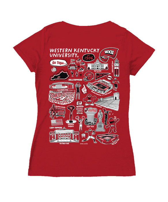 Western Kentucky Hilltoppers Hand Sketched Vive La Fete Impressions Artwork Red Women Cotton Short Sleeve V-Neck Tshirt