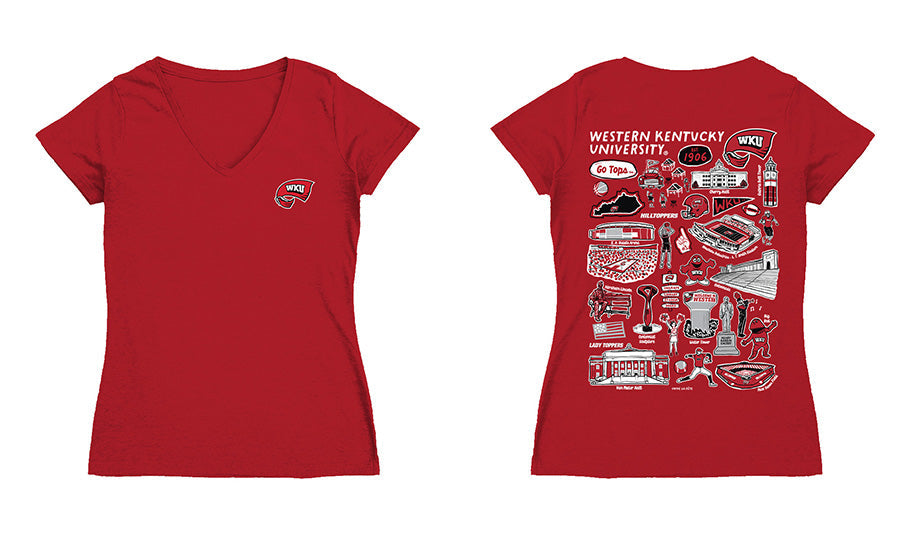 Western Kentucky Hilltoppers Hand Sketched Vive La Fete Impressions Artwork Red Women Cotton Short Sleeve V-Neck Tshirt