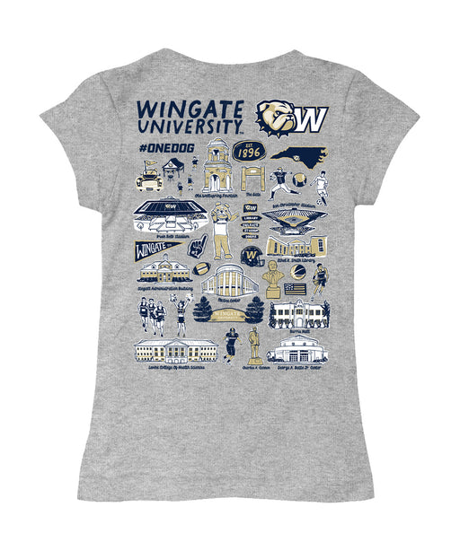 Wingate University Bulldogs Hand Sketched Vive La Fete Impressions Artwork Grey Girls Cotton Short Sleeve Tee - Vive La Fête - Online Apparel Store