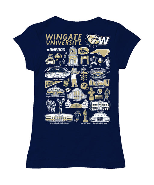 Wingate University Bulldogs Hand Sketched Vive La Fete Impressions Artwork Navy Girls Cotton Short Sleeve Tee - Vive La Fête - Online Apparel Store