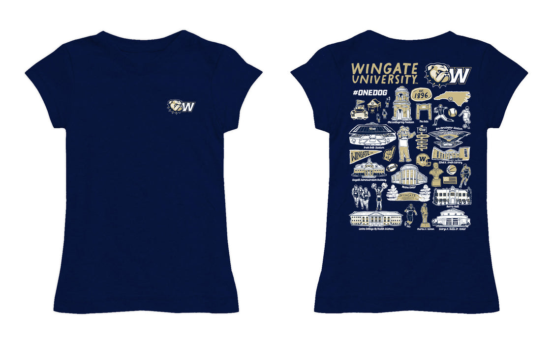 Wingate University Bulldogs Hand Sketched Vive La Fete Impressions Artwork Navy Girls Cotton Short Sleeve Tee - Vive La Fête - Online Apparel Store