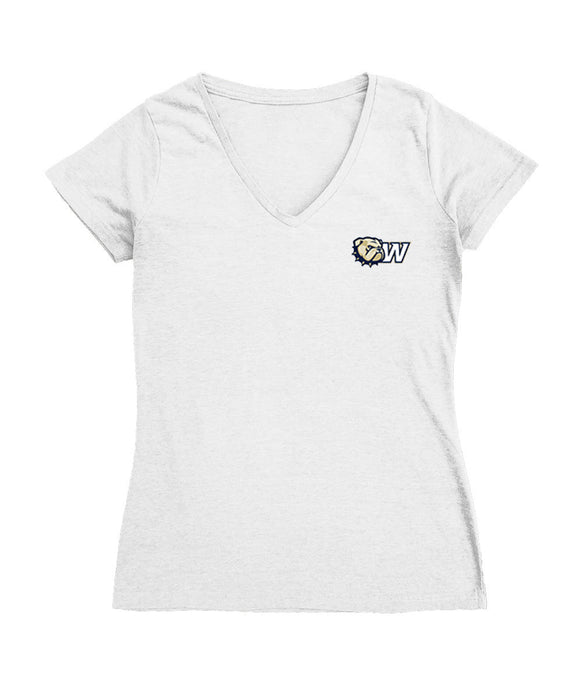 Wingate University Bulldogs Hand Sketched Vive La Fete Impressions Artwork White Women Cotton Short Sleeve V-Neck Tshirt