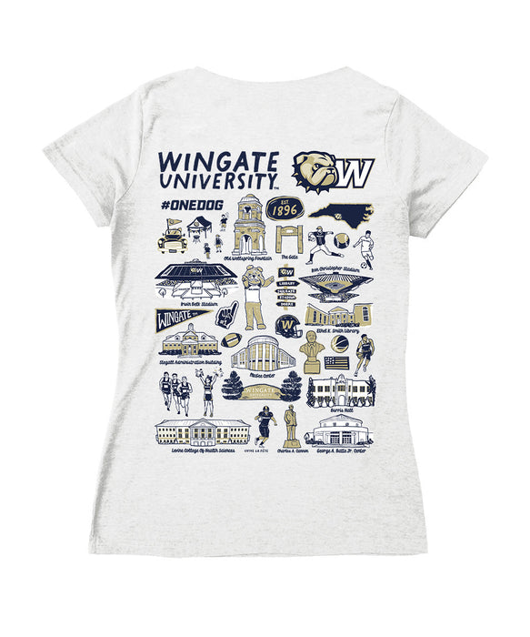 Wingate University Bulldogs Hand Sketched Vive La Fete Impressions Artwork Navy Women Cotton Short Sleeve V-Neck Tshirt