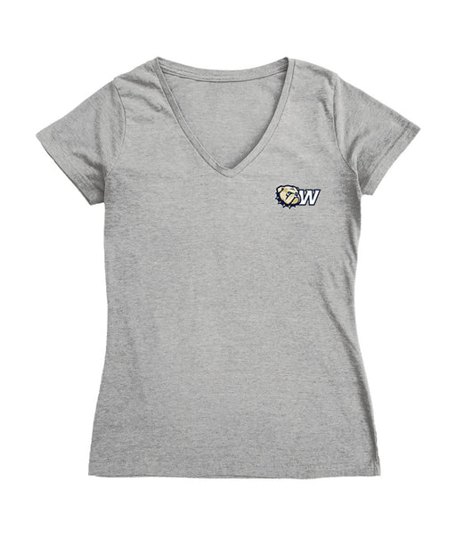 Wingate University Bulldogs Hand Sketched Vive La Fete Impressions Artwork Grey Women Cotton Short Sleeve V-Neck Tshirt