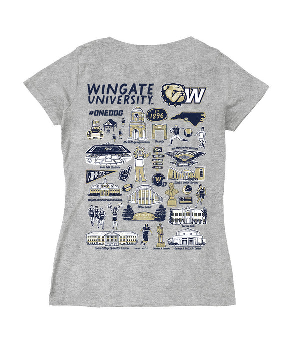 Wingate University Bulldogs Hand Sketched Vive La Fete Impressions Artwork Navy Women Cotton Short Sleeve V-Neck Tshirt
