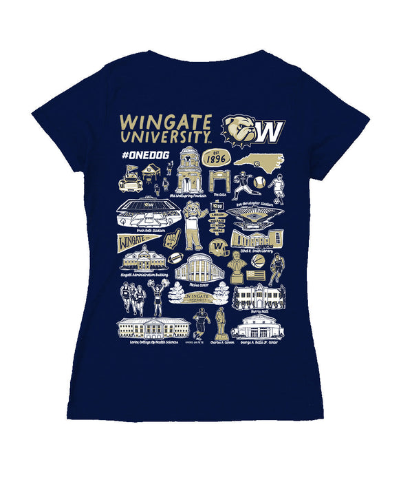 Wingate University Bulldogs Hand Sketched Vive La Fete Impressions Artwork Navy Women Cotton Short Sleeve V-Neck Tshirt