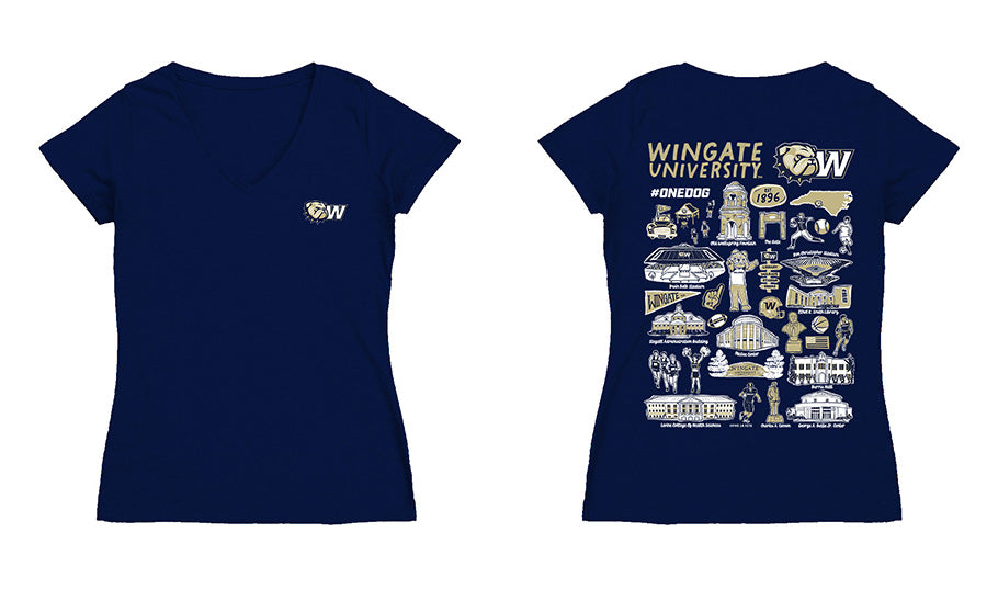 Wingate University Bulldogs Hand Sketched Vive La Fete Impressions Artwork Navy Women Cotton Short Sleeve V-Neck Tshirt