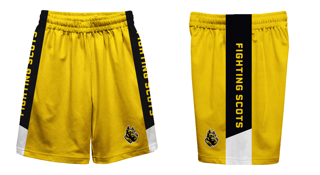 Wooster College Fighting Scots Vive La Fete Game Day Gold Stripes Boys Solid Black Athletic Mesh Short