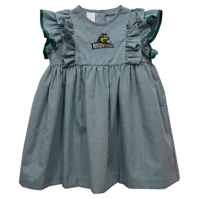 Wright State University Raiders Embroidered Hunter Green Gingham Ruffle Dress