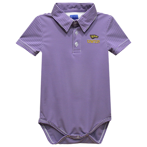 UWSP University of Wisconsin Stevens Point Pointers Embroidered Purple Stripes Stripe Knit Polo Bodysuit - Vive La Fête - Online Apparel Store