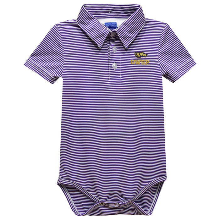 UWSP University of Wisconsin Stevens Point Pointers Embroidered Purple Stripes Stripe Knit Polo Bodysuit - Vive La Fête - Online Apparel Store