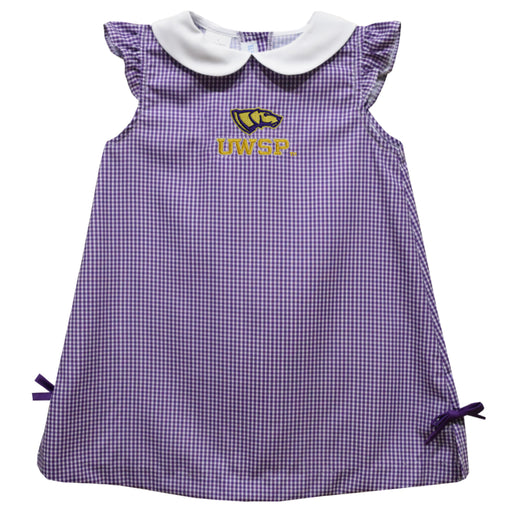 UWSP University of Wisconsin Stevens Point Pointers Embroidered Purple Gingham A Line Dress