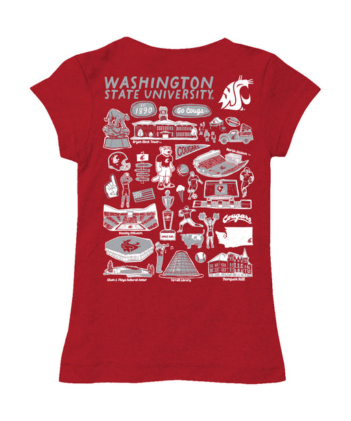 Washington State Cougars WSU Hand Sketched Vive La Fete Impressions Artwork Red Girls Cotton Short Sleeve Tee - Vive La Fête - Online Apparel Store