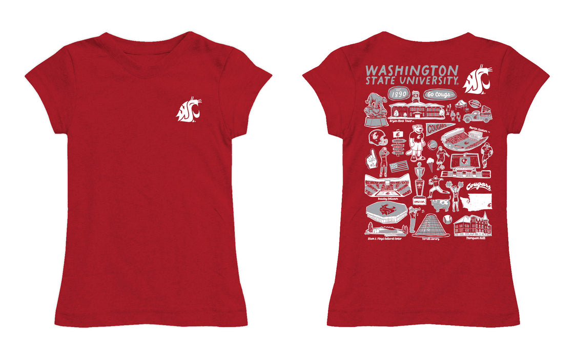 Washington State Cougars WSU Hand Sketched Vive La Fete Impressions Artwork Red Girls Cotton Short Sleeve Tee - Vive La Fête - Online Apparel Store