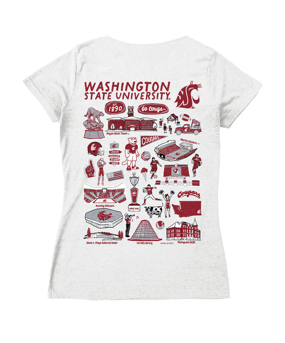 Washington State Cougars Hand Sketched Vive La Fete Impressions Artwork Red Women Cotton Short Sleeve V-Neck Tshirt