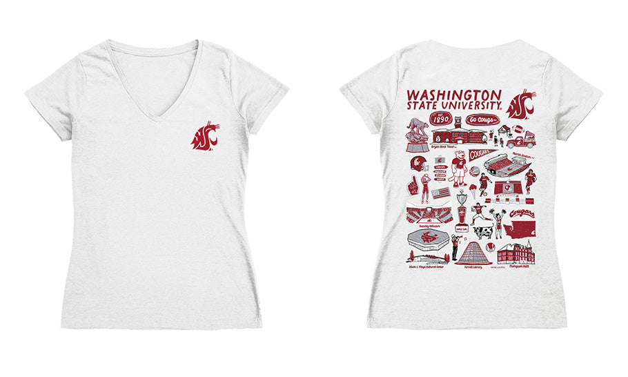 Washington State Cougars Hand Sketched Vive La Fete Impressions Artwork Red Women Cotton Short Sleeve V-Neck Tshirt