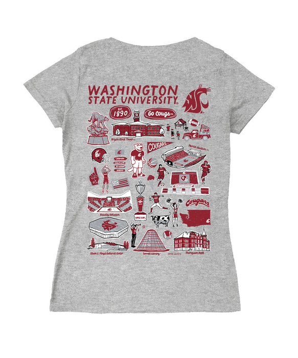 Washington State Cougars Hand Sketched Vive La Fete Impressions Artwork Red Women Cotton Short Sleeve V-Neck Tshirt