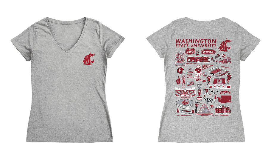 Washington State Cougars Hand Sketched Vive La Fete Impressions Artwork Red Women Cotton Short Sleeve V-Neck Tshirt