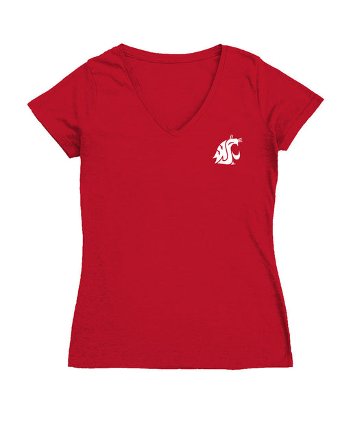 Washington State Cougars Hand Sketched Vive La Fete Impressions Artwork Red Women Cotton Short Sleeve V-Neck Tshirt