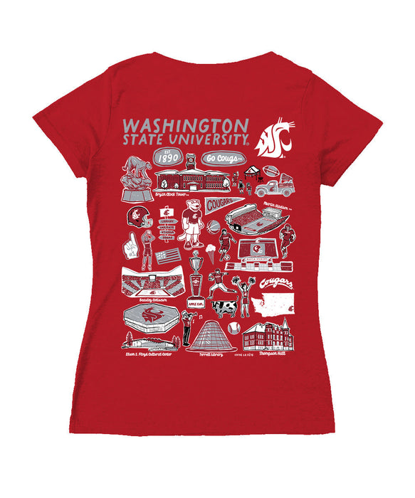 Washington State Cougars Hand Sketched Vive La Fete Impressions Artwork Red Women Cotton Short Sleeve V-Neck Tshirt