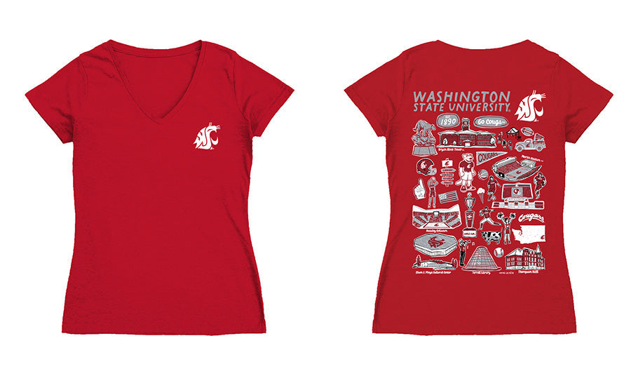 Washington State Cougars Hand Sketched Vive La Fete Impressions Artwork Red Women Cotton Short Sleeve V-Neck Tshirt