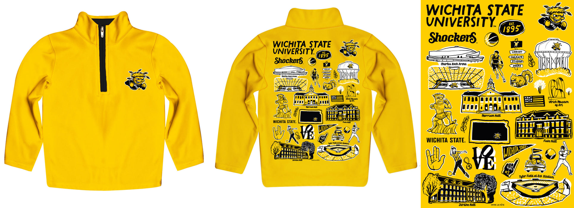 Wichita State Shockers WSU Hand Sketched Vive La Fete Impressions Artwork Yellow Boys Quarter Zip Pullover V1 - Vive La Fête - Online Apparel Store