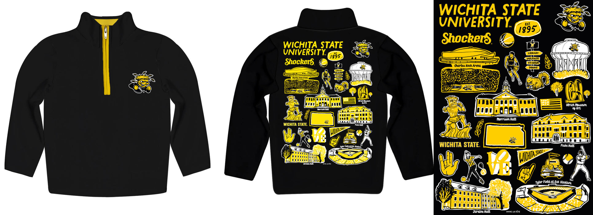 Wichita State Shockers WSU Hand Sketched Vive La Fete Impressions Artwork Black Boys Quarter Zip Pullover V1 - Vive La Fête - Online Apparel Store