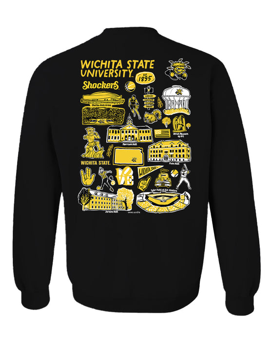 Wichita State Shockers WSU Hand Sketched Artwork Black Crewneck Sweatshirt for Women - Vive La Fête - Online Apparel Store
