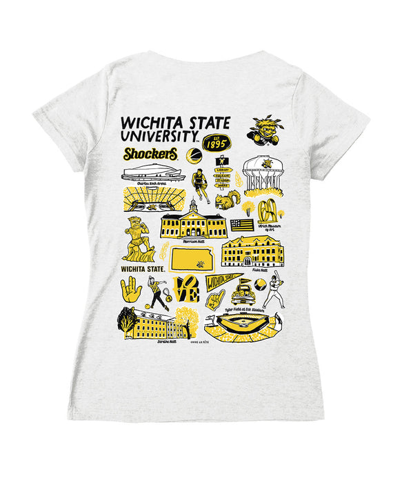 Wichita State Shockers WSU Hand Sketched Vive La Fete Impressions Artwork Black Women Cotton Short Sleeve V-Neck Tshirt