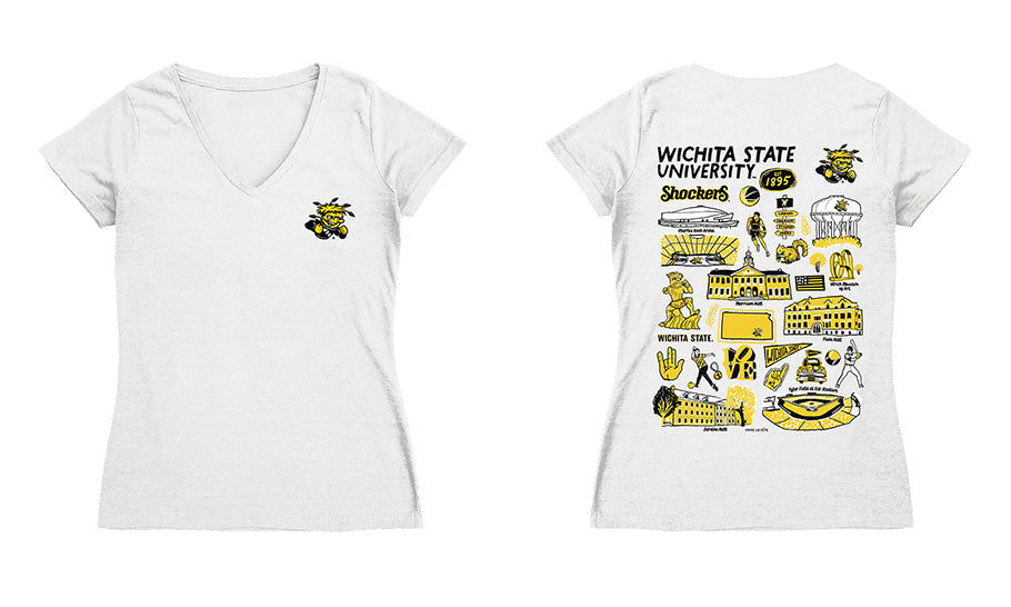 Wichita State Shockers WSU Hand Sketched Vive La Fete Impressions Artwork Black Women Cotton Short Sleeve V-Neck Tshirt