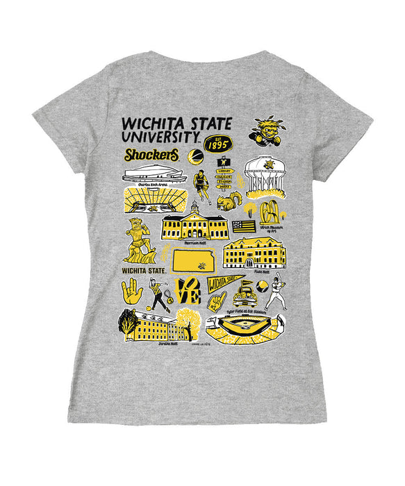 Wichita State Shockers WSU Hand Sketched Vive La Fete Impressions Artwork Black Women Cotton Short Sleeve V-Neck Tshirt