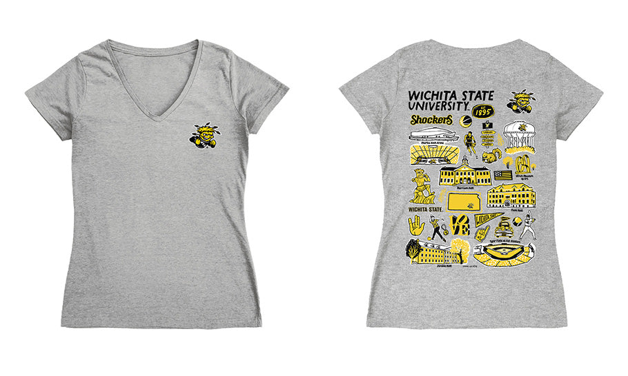 Wichita State Shockers WSU Hand Sketched Vive La Fete Impressions Artwork Black Women Cotton Short Sleeve V-Neck Tshirt