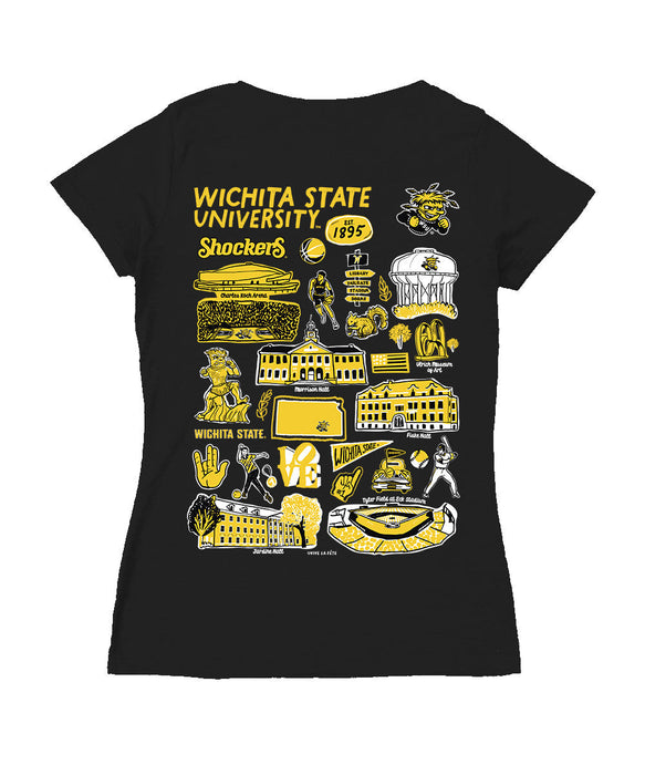 Wichita State Shockers WSU Hand Sketched Vive La Fete Impressions Artwork Black Women Cotton Short Sleeve V-Neck Tshirt