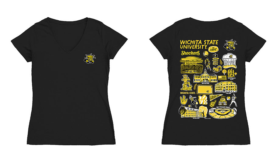 Wichita State Shockers WSU Hand Sketched Vive La Fete Impressions Artwork Black Women Cotton Short Sleeve V-Neck Tshirt