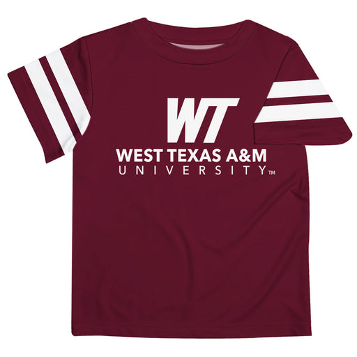 West Texas A&M Buffaloes Vive La Fete Boys Game Day Maroon Short Sleeve Tee with Stripes on Sleeves