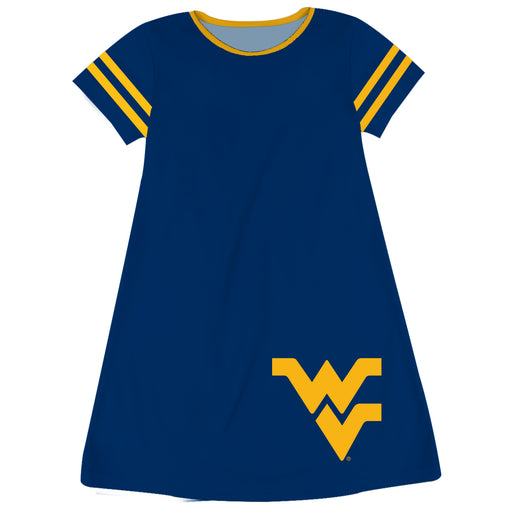West Virginia University Mountaineers Vive La Fete Girls Game Day Short Sleeve Blue A-Line Dress with large Logo