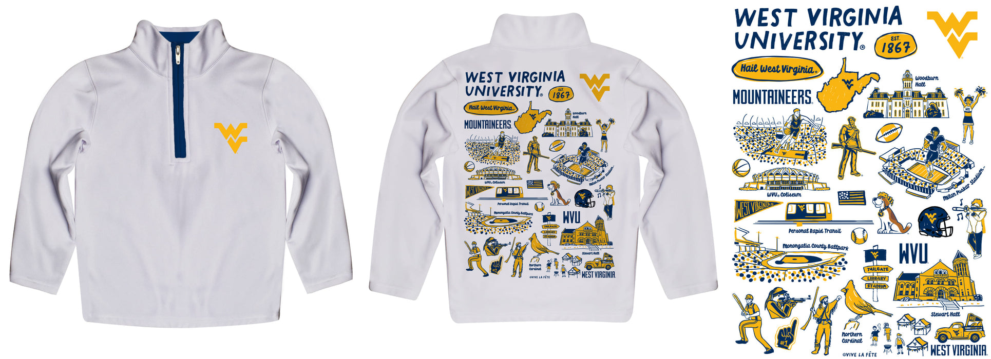 West Virginia University Mountaineers Hand Sketched Vive La Fete Impressions Artwork White Boys Quarter Zip Pullover V1 - Vive La Fête - Online Apparel Store