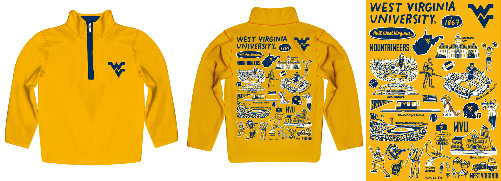 West Virginia University Mountaineers Hand Sketched Vive La Fete Impressions Artwork Gold Boys Quarter Zip Pullover V1 - Vive La Fête - Online Apparel Store